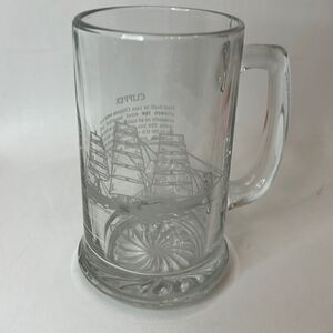 Clipper Sailing Ship Beer Stein Clear Glass White Letters 14 Oz 5 3/4 In Tall